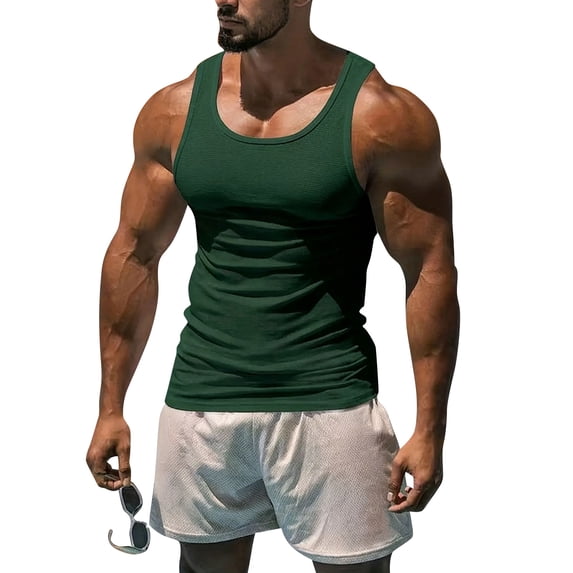 Fabrcox Waffle Men Compression Tank Top Crew Neck Men's Sleeveless Shirts Big and Tall Basic Lightweight Training Athletic Mens Muscle Shirt Green L