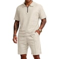 thumbnail image 1 of Fabrcox Waffle Mens 2 Piece Outfits Quarter Zip Short Sleeve Shirt and Shorts Sets Summer Vacation Going Out Track Suit Men Beige S, 1 of 7