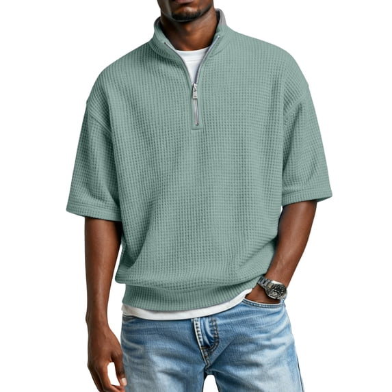 Fabrcox Waffle Quarter Zip Men Polo Shirt Short Sleeve Collared Men's Golf Shirts Sports Knitted Lightweight Casual Workout Shirts for Men Green S