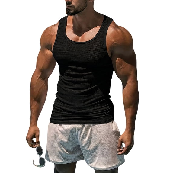 Fabrcox Waffle Tank Tops Men Compression Crew Neck Mens Sleeveless Shirts Big and Tall Basic Breathable Basketball Going Out Mens Muscle Shirts Black XXXL