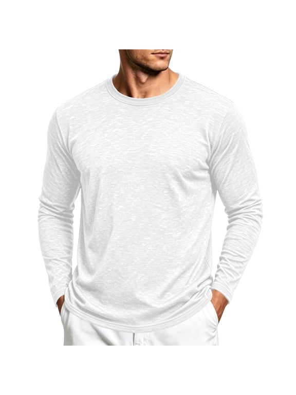 White Mens Long Sleeve Shirts Crew Neck Casual Undershirts for Men Athletic Base Layer Relaxed Fit Solid Color Lightweight Lounge Basic T-Shirt for Men