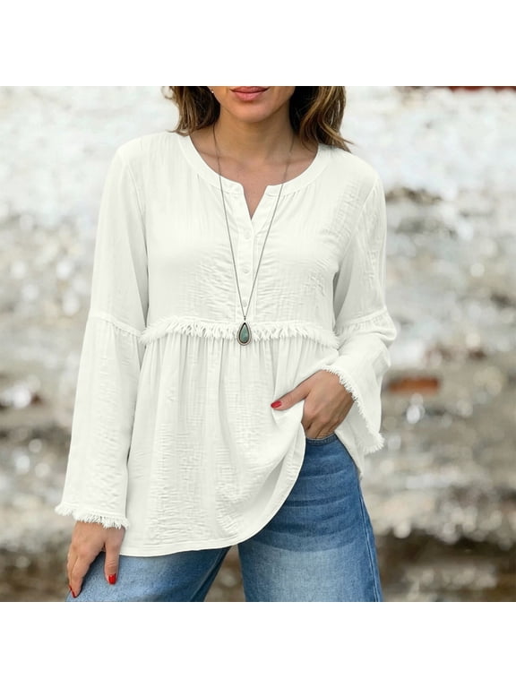 White Women Boho Tops Raw Hem V Neck Button Gauze Womens Long Sleeve Shirts Frayed Fringe Patchwork Loose Retro Fall Winter Trendy Tunic Top