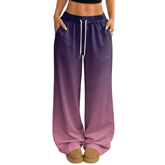 Fabrcox Wide Leg Womens Pants Gradient Drawstring Color Block Womans Lounge Pants Spring Summer Palazzo Womens Trouser Pants with Pockets