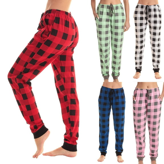 Fabrcox Woman Plaid Pajama Pants Baggy Joggers Pj Bottoms with Pockets Drawstring Elastic Waist Home Soft Sleep Pants Blue L