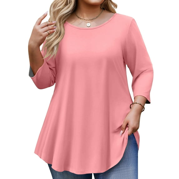 Fabrcox Woman Plus Size Tops Tunic Solid Color Crew Neck 3/4 Sleeve Tops for Women Spring Summer Floral Loose Fit Blouse L-5XL