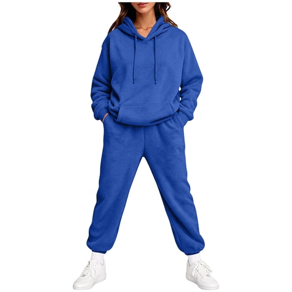 Fabrcox Women 2 Piece Sweatsuit Outfits Fleece Hoodie and Cinch Bottom Wide Leg Sweatpants Athletic Fall Winter Casual Lounge Tracksuits for Women Blue XL