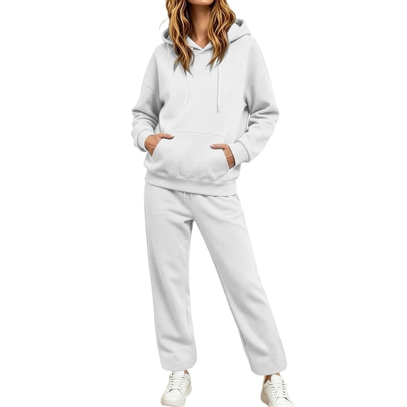 Fabrcox Women 2 Piece Sweatsuit Outfits Fleece Hoodie and Straight Leg Sweatpants Fall Winter Running Casual Lounge Tracksuits for Women White S