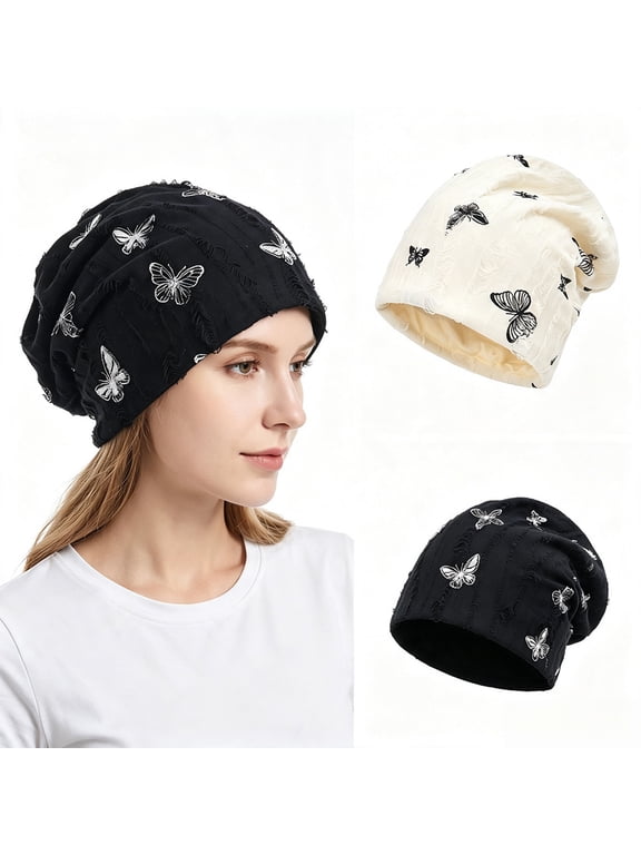 Women Butterfly Print Slouchy Beanie Hat, Textured Distressed Chemo Headwear, Soft Lined Turban Cap for Hair Loss Daily Sleeping Travel Black
