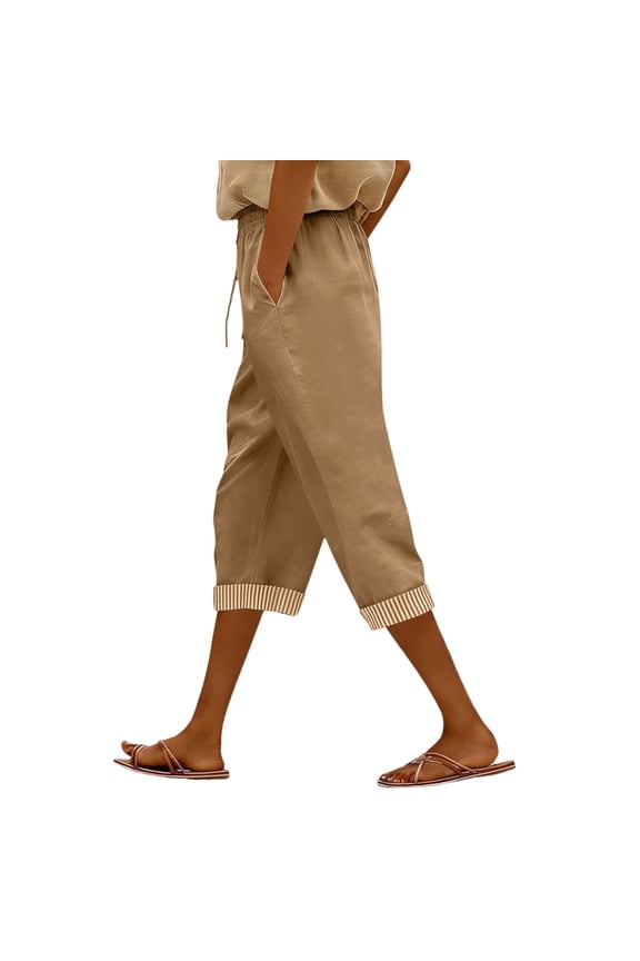 Women Capri Pants Drawstring Wide Leg Linen Pants for Women Palazzo Flowy Summer Outdoor Going Out Lounge Trouser Pants Women with Pockets Khaki M