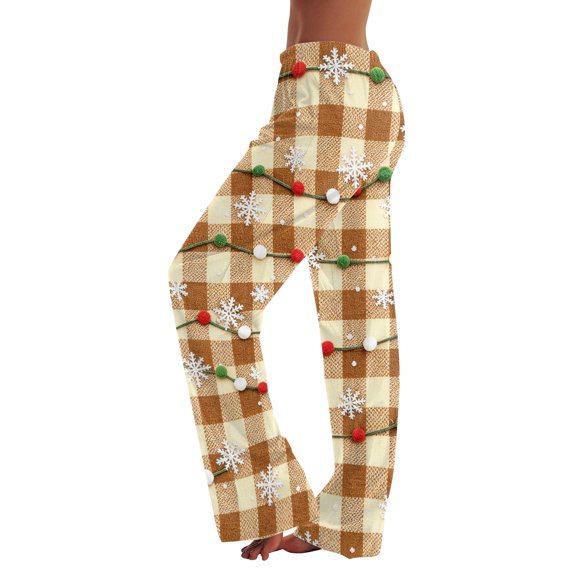 Fabrcox Women Christmas Pajama Pants Soft Snowflake Plaid Print Pj Pants Women Funny Merry Xmas Fall Winter Holiday Sleep Straight Leg Lounge Pants for Women Beige L