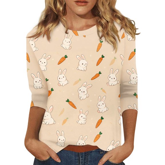 Fabrcox Women Happy Easter T Shirt Bunny Rabbit Graphic Crew Neck Women's 3/4 Sleeve Shirts Spring Summer Plus Size Womens Tops