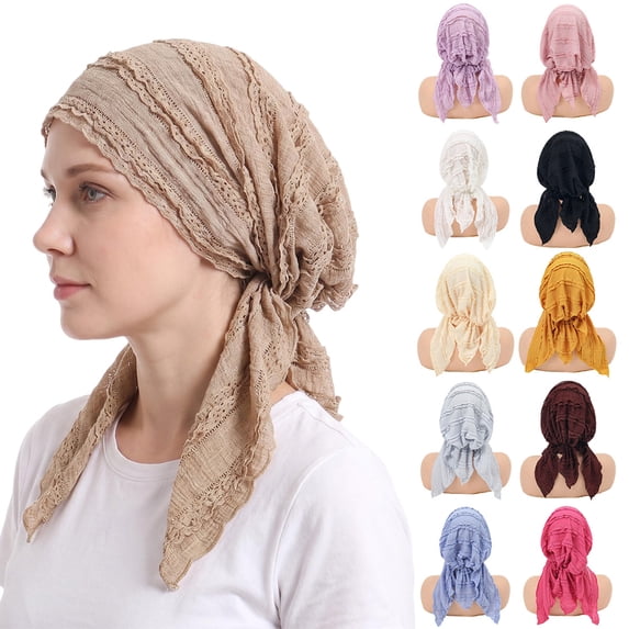 Fabrcox Women Lace Trim Pre-Tied Head Scarf Hat, Soft Breathable Crinkle Chemo Headwear, Full Coverage Turban Headwrap for Hair Loss Daily Sleeping Travel Khaki