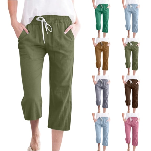 Fabrcox Women Linen Capris Straight Wide Leg Womens Capri Pants Casual Summer Drawstring Elastic Waist Cropped Trouser with Pocket
