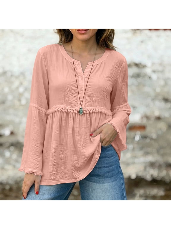 Women Long Sleeve Shirts Raw Edge Hem V Neck Button Women Boho Tops Fringed Trim Patchwork Loose Fall Winter Fashion Retro Women's Blouses