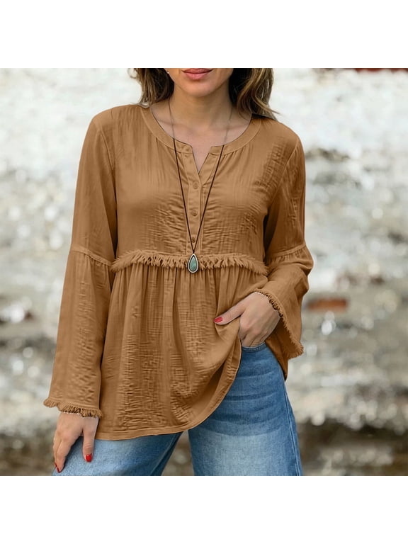 Women Long Sleeve Shirts Raw Trim V Neck Button Boho Tops for Women Frayed Fringe Patchwork Loose Fall Winter Trendy Retro Tunic Tops for Women