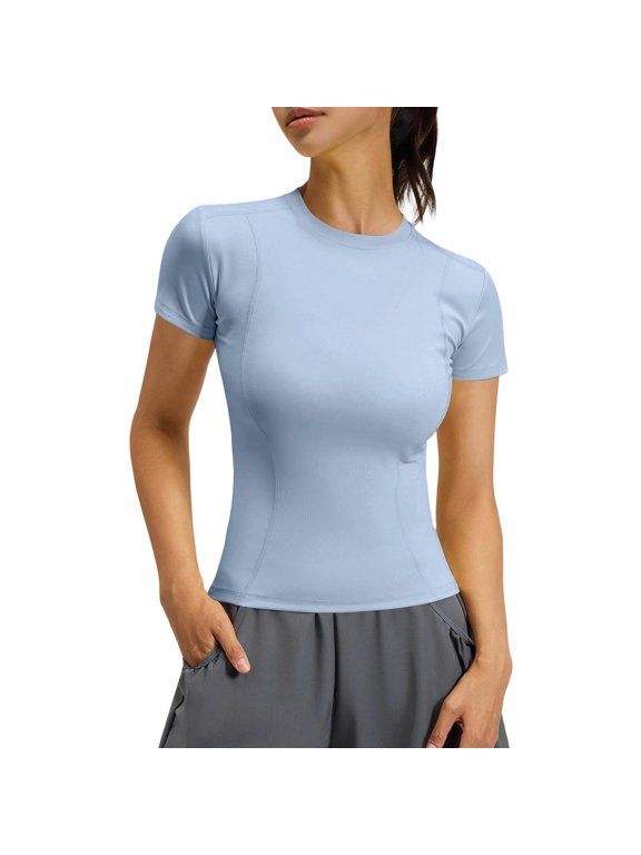 Women Tops Short Sleeve Fitted Crew Neck Women’s Undershirts Basic Lightweight Summer Trendy Going Out Tunics Tops for Women Blue L
