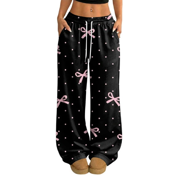 Fabrcox Women Wide Leg Pants Bow Graphic Baggy Womens Lounge Pants Loose Fit Spring Summer Valentines Day Woman Trousers Pants with Pockets
