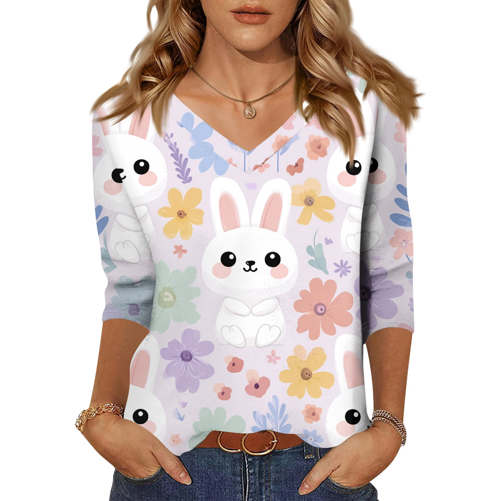 Fabrcox Women's Easter Shirt Cute Graphic Bunny Womens 3/4 Length ...