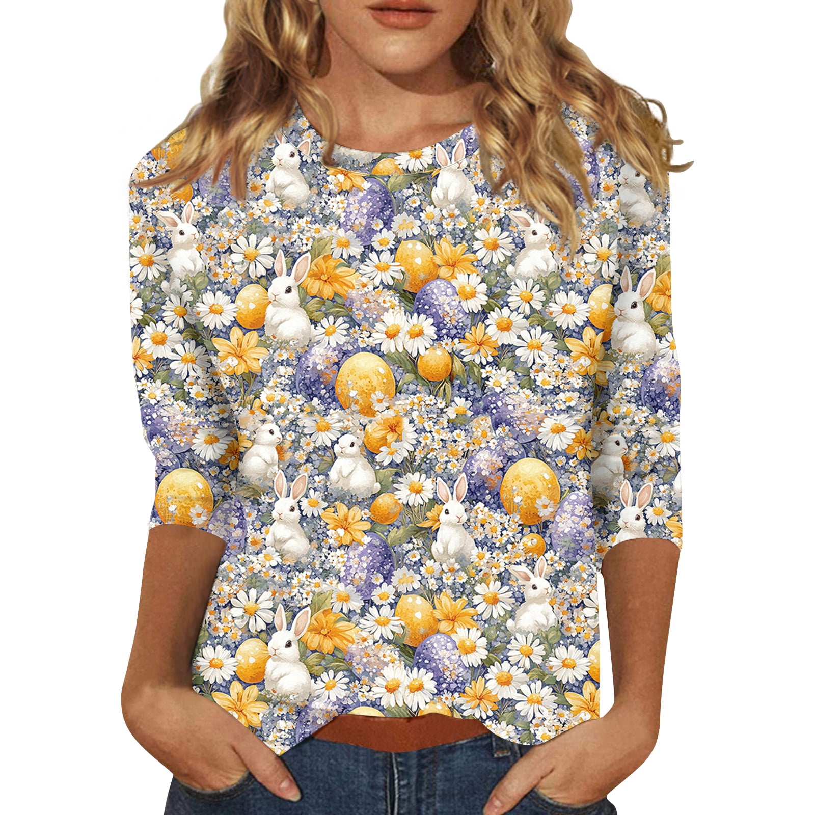 Fabrcox Women's Easter Shirts Egg Bunny Hunt Print Womens 3/4 Sleeve ...