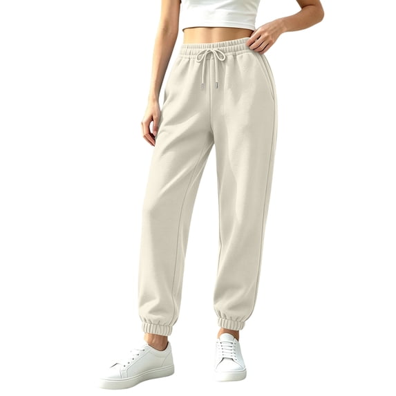 Fabrcox Women's Fleece Sweatpants Baggy Athletic Joggers for Women Thermal Plush Soft Elastic Waist Fall Winter Warm Lounge Pants Women with Pockets Beige S