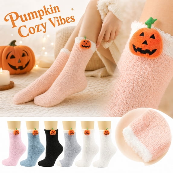 Fabrcox Women's Halloween Fuzzy Crew Socks, Cute Pumpkin Print Soft Coral Fleece Mid-Calf Socks, Warm Cozy Indoor Sleep Socks for Fall Winter (Purple)