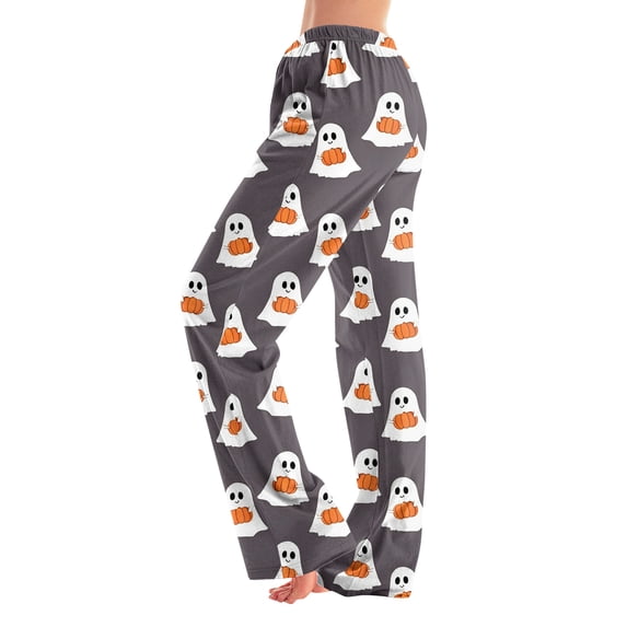 Fabrcox Women's Pajamas Pants Halloween Pumpkin Ghost Print Wide Leg Sleeping Pants Women Holiday Fall Winter Soft Women Pj Pants White S