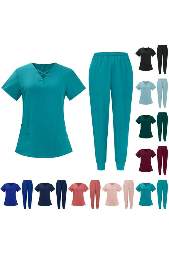 Women's Scrub Sets Stretch V-Neck Top and Cargo Pant Scrub Set Nurses Working Uniforms with Pocket