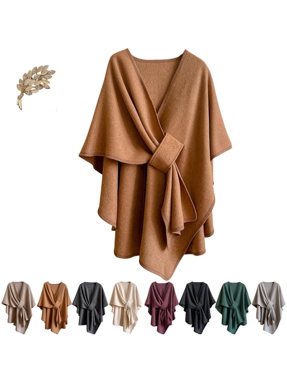 Women's Solid Open Front Poncho Wrap, Soft Fleece Drape Shawl with Tie, Elegant Fall Winter Shawl Wraps for Office Party Travel Daily Wear Black