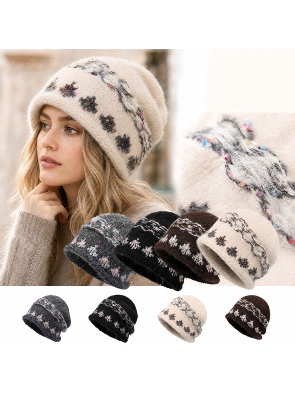 Women's Vintage Fair Isle Slouchy Beanie, Soft Fuzzy Knit Hat with Pattern Print, Warm Stretch Skull Cap for Fall Winter Daily Wear Beige