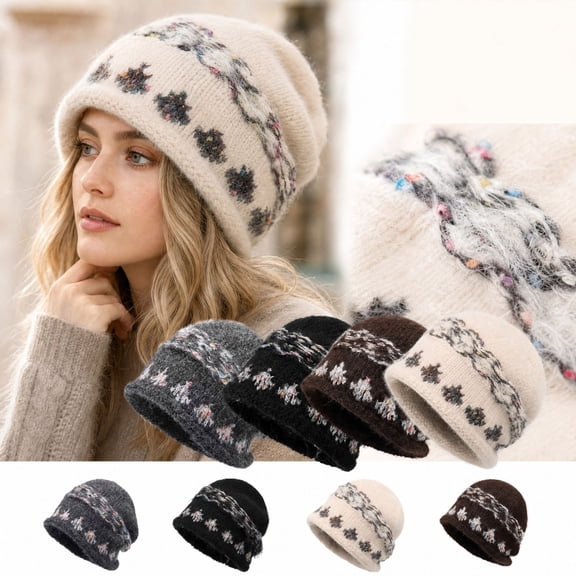 Fabrcox Women's Vintage Fair Isle Slouchy Beanie, Soft Fuzzy Knit Hat with Pattern Print, Warm Stretch Skull Cap for Fall Winter Daily Wear Dark Gray