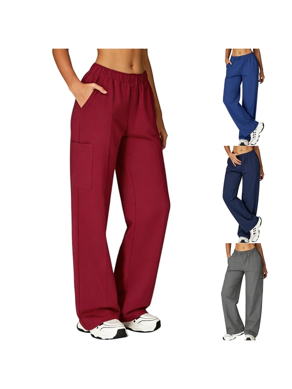 Women's Wide-Leg Scrub Pants - Stretch Trousers with Cargo Pockets, Elastic Waistband for Nurses ,Red L