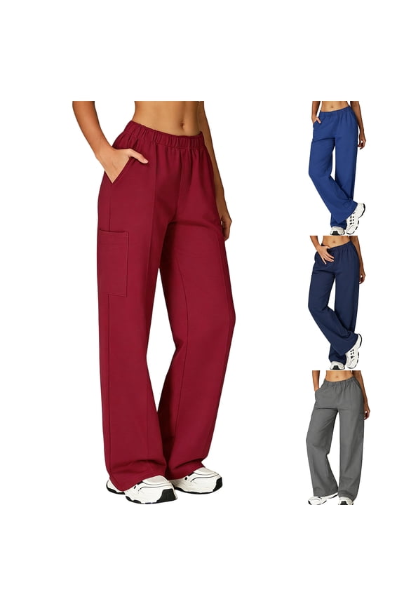 Women's Wide-Leg Scrub Pants - Stretch Trousers with Cargo Pockets, Elastic Waistband for Nurses ,Red XXL
