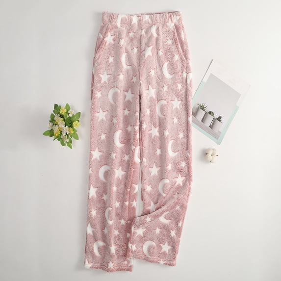 Fabrcox Womens Fleece Pajama Pants Cute Star Graphic Wide Leg Sleep Pants Women Fall Winter Warm Soft Comfy Fuzzy Lounging Pants for Women with Pockets M