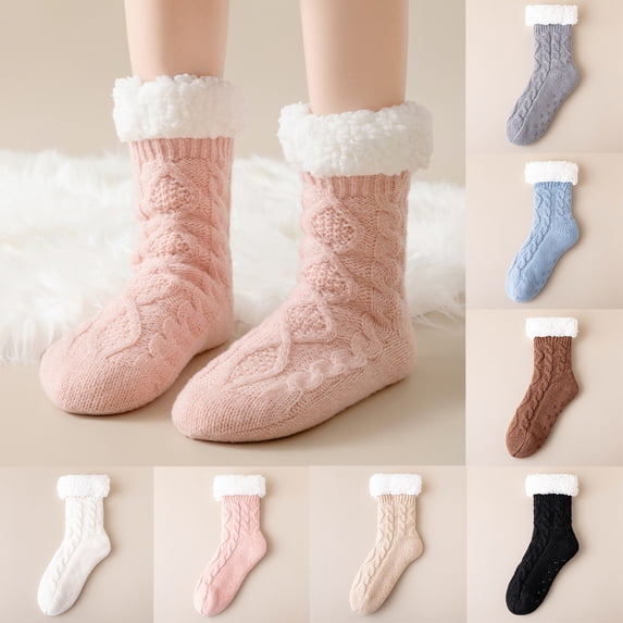Fabrcox Womens Fuzzy House Slipper Socks, Thick Plush Brushed Edge, Non Skid Grips Fluffy Winter Indoor Socks, Warm Loungewear Socks for Sleeping at Home (Brown)