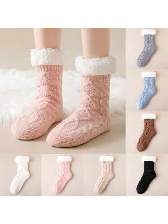 Womens Fuzzy House Slipper Socks, Thick Plush Brushed Edge, Non Skid Grips Fluffy Winter Indoor Socks, Warm Loungewear Socks for Sleeping at Home (White)