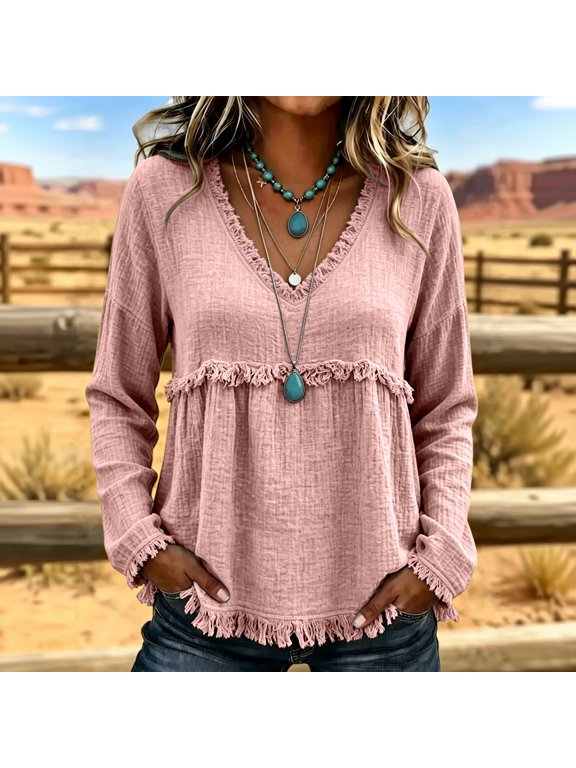 Womens Long Sleeve Shirt Raw Trim V Neck Women Boho Tops Fringed Trim Patchwork Loose Fall Winter Trendy Vintage Womens Blouses