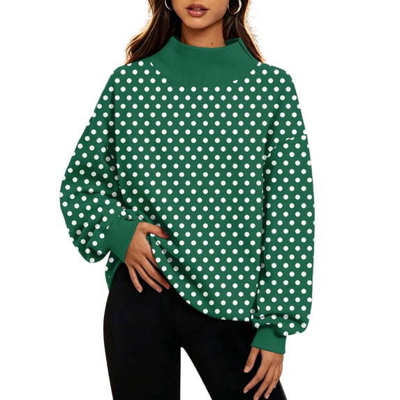 Fabrcox Womens Mock Neck Sweatshirt Polka Dot Long Sleeve Oversize Sweatshirt Women Turtleneck Cozy Loose Winter Fall Outfits Lounge Basic Women's Pullover Green S