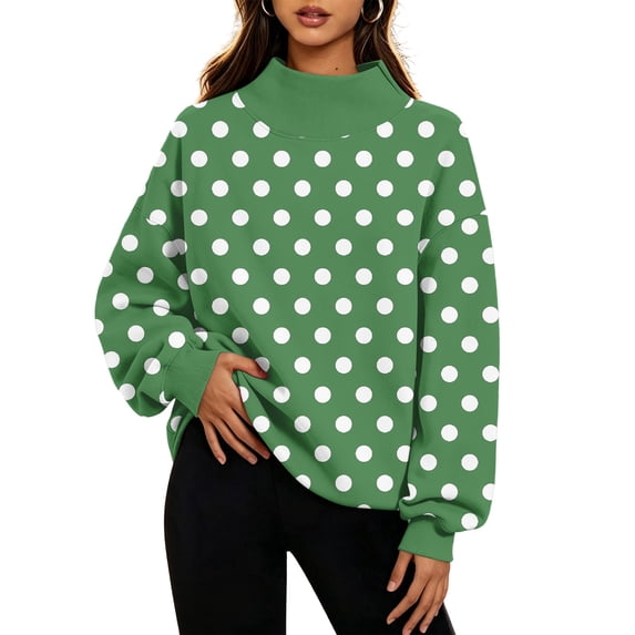 Fabrcox Womens Mock Neck Sweatshirt Polka Dot Long Sleeve Oversized Sweatshirt Women Turtleneck Cozy Loose Winter Fall Outfits Lounge Basic Womens Pullover Green S