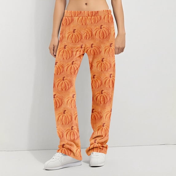 Fabrcox Womens Pajama Pants Flannel Halloween Pumpkin Ghost Print Women Sleep Pants Fall Winter Warm Fluffy Thicken Soft Lounge Pants for Women XXL