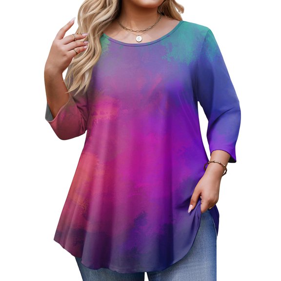 Fabrcox Womens Plus Size Top Tunic Tie Dye Crew Neck Women's 3/4 Sleeve Shirts Spring Summer Flowy Blouses L-5XL