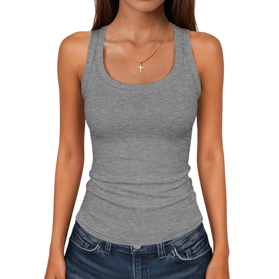 Fabrcox Womens Ribbed Tank Tops Sleeveless Square Neck Tank Tops Women Summer Stretch Wide Strap Lightweight Camping Fitted Basic Undershirts for Women Gray S