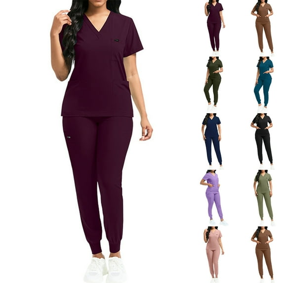 Fabrcox Womens Scrub Sets Short Sleeve Nurse Tops Long Jogger Pants with Pockets Casual Soft Medical Nursing Uniforms Set Wine XL