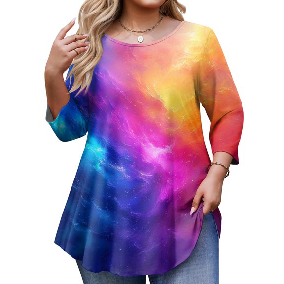 Fabrcox Womens Shirts Plus Size Tunic Tie Dye Crew Neck Ladies 3/4 Length Sleeve Tops Spring Summer Flowy Blouses L-5XL