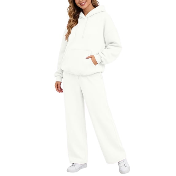 Fabrcox Womens Sweat Suits 2 Piece Set Fleece Hoodie and Wide Leg Sweatpants Outdoor Casual Fall Winter Lounge Women Tracksuit White XXL