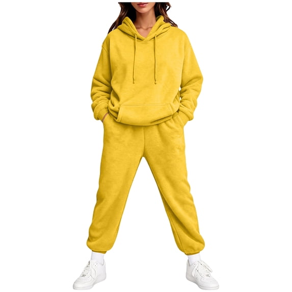 Fabrcox Womens Sweatsuit Sets 2 Piece Outfits Fleece Hoodie and Cinch Bottom Wide Leg Sweatpants Running Fall Winter Casual Lounge Women's Tracksuit Yellow XL
