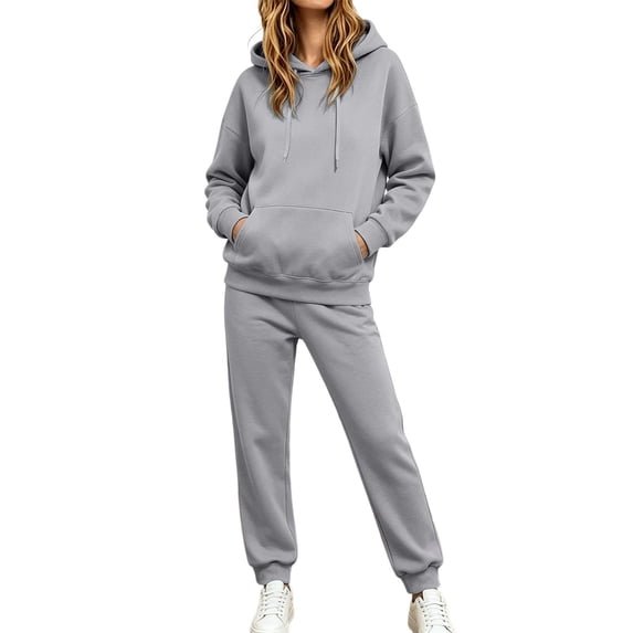 Fabrcox Womens Sweatsuits 2 Piece Set Fleece Hoodie and Straight Leg Sweatpants Fall Winter Running Casual Lounge Tracksuits for Women Set Gray L