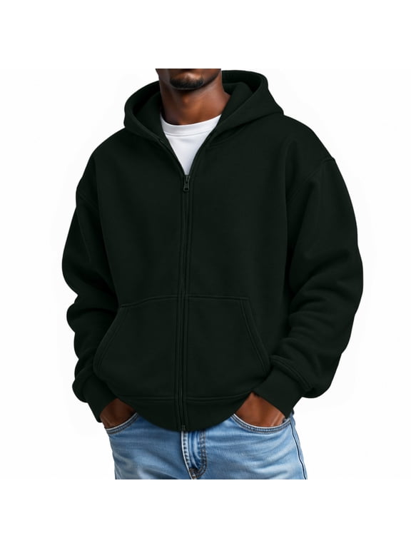 Zip Up Hoodie for Men Fleece Casual Full Zip Jacket Hoodie Workout Athletic Outwear Fall Winter Warm Loose Fit Long Sleeve Mens Coat with Pockets Black XL