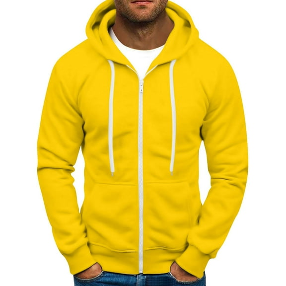 Fabrcox Zip Up Hoodie for Men Big and Tall Full Zip Baggy Sports Hooded Drawstring Fleece Lined Casual Solid Color Winter Hoodies Coat Yellow 2XL