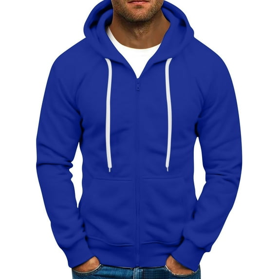 Fabrcox Zip Up Hoodie for Men Big and Tall Full Zip Baggy Sports Hooded Drawstring Fleece Lined Oversized Solid Color Hoodies with Pockets Blue 2XL