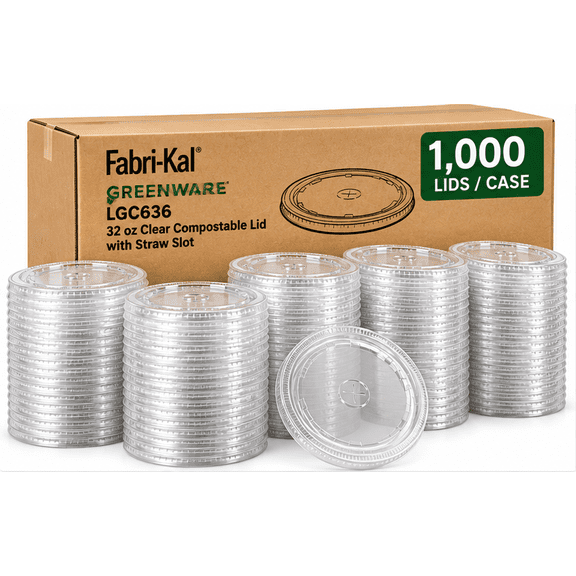 Fabri-Kal Greenware 32 oz Compostable Clear Plastic Flat Lids with Straw Slot, 1,000 Count Case